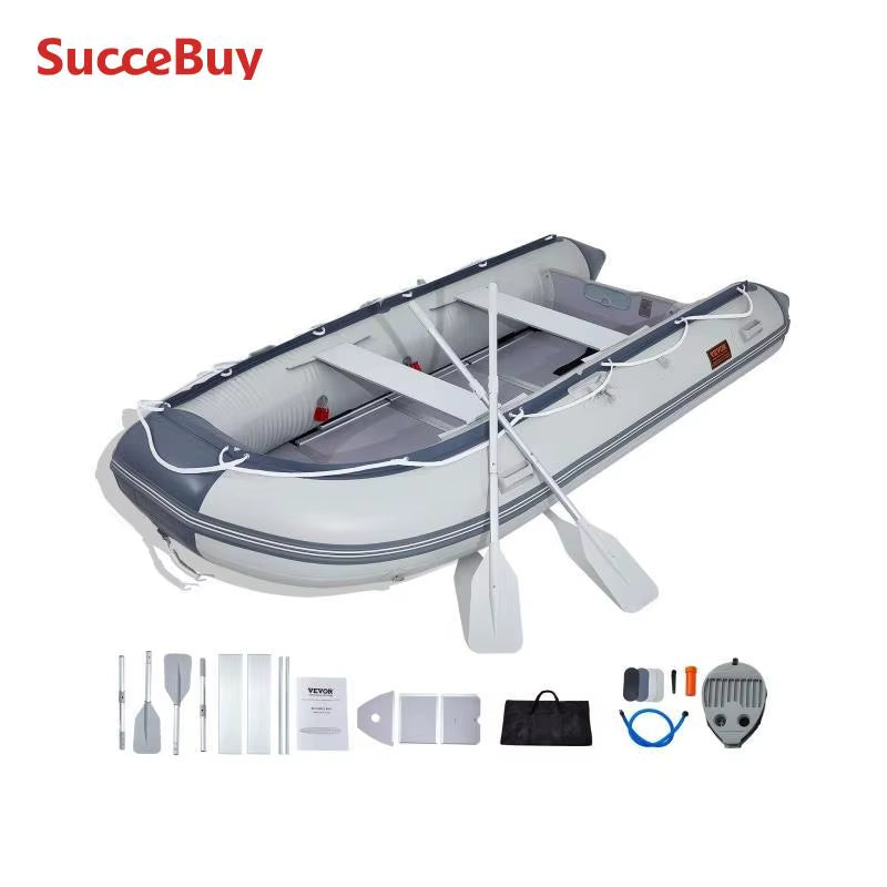 Inflatable Dinghy Boat 6-Person Transom Sport Tender Boat Marine Wood Floor and Adjustable Aluminum Bench Oars Air Pump