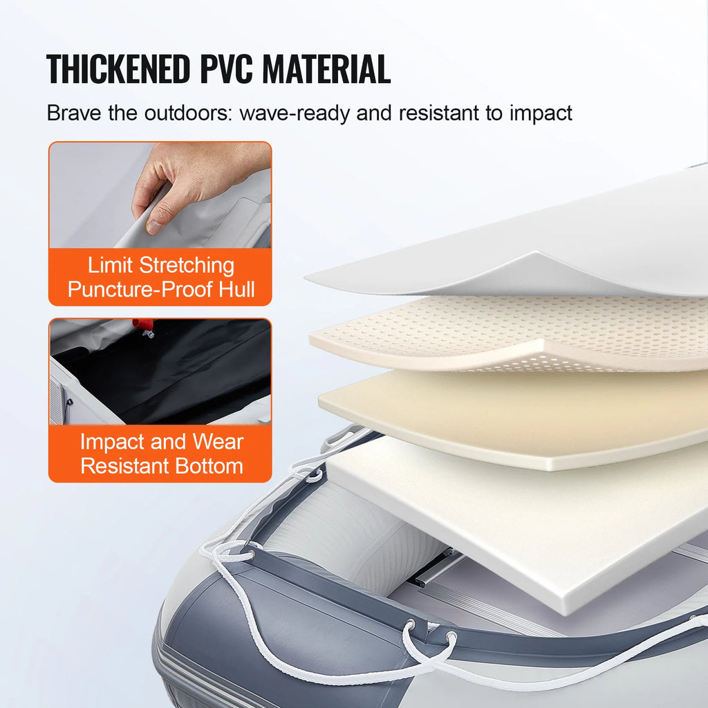 Inflatable Dinghy Boat 6-Person Transom Sport Tender Boat Marine Wood Floor and Adjustable Aluminum Bench Oars Air Pump