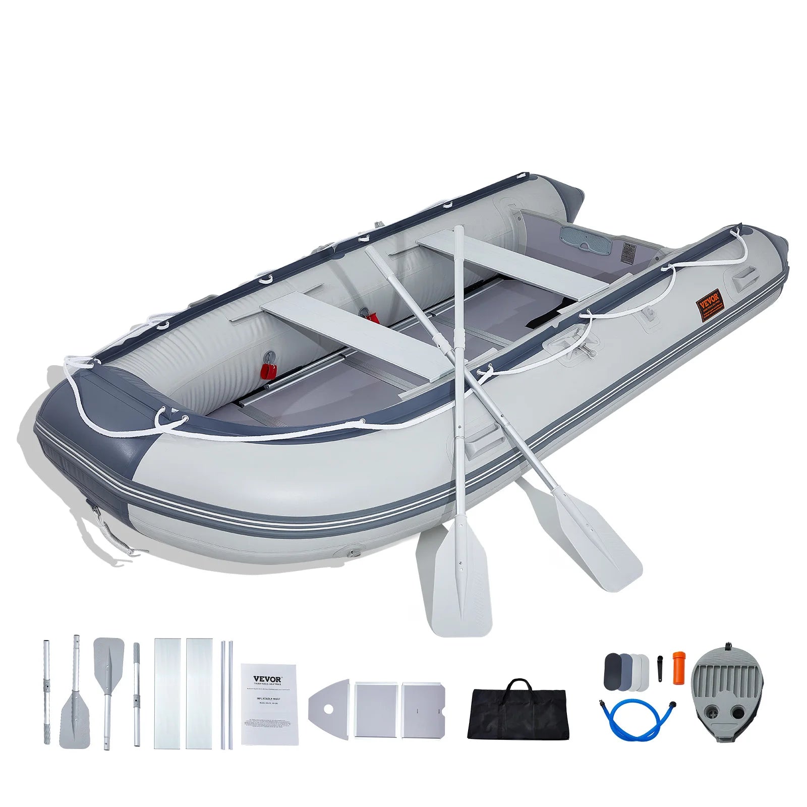 Inflatable Dinghy Boat 6-Person Transom Sport Tender Boat Marine Wood Floor and Adjustable Aluminum Bench Oars Air Pump