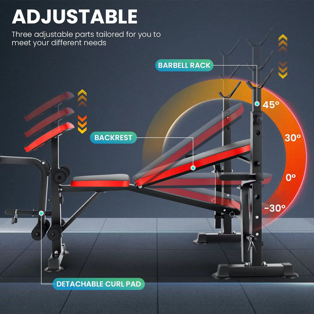 6 in 1 660Lbs Weight Bench Set with Squat Rack, Bench Press Set with Barbell Rack, Adjustable Incline Strength Training Workout