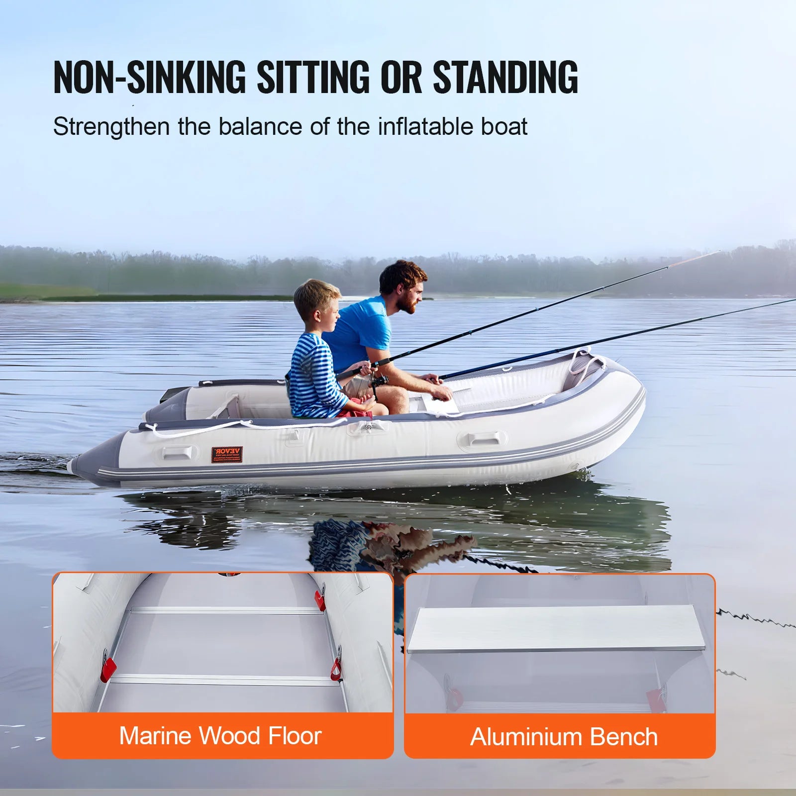 Inflatable Dinghy Boat 6-Person Transom Sport Tender Boat Marine Wood Floor and Adjustable Aluminum Bench Oars Air Pump